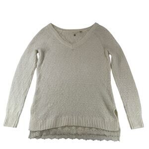 Knitted & Knotted Anthropologie Lace Hem V-Neck Ivory Sweater Small Women's
